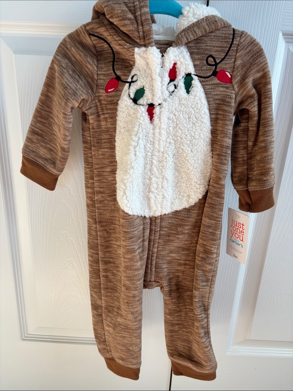 Carter's Brown Hooded Sherpa-Front One-Piece with Festive Light Bulb Embroidery